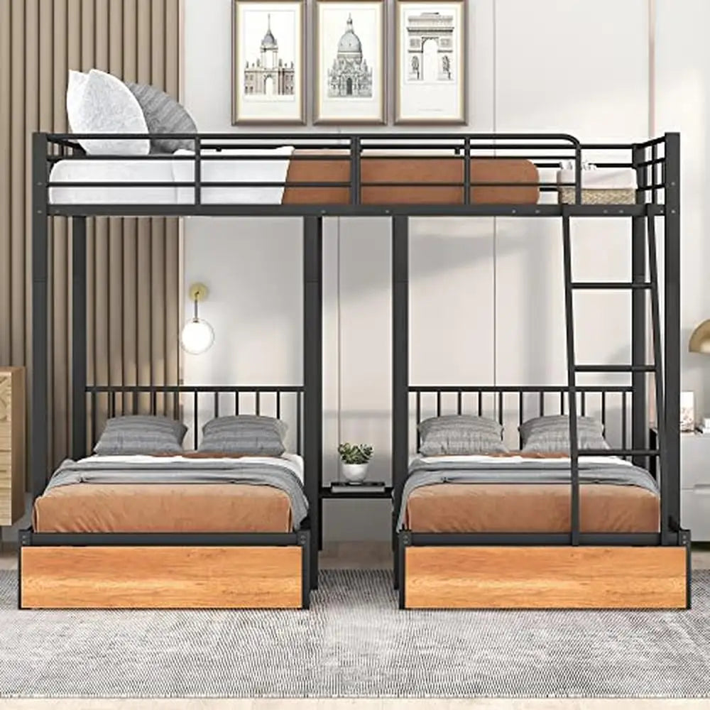 Metal Full/Twin Triple Bunk Bed with Guardrails & Drawers Triple Bunk Bed Frame 3 Kids Space-Saving Noise-Free No Box Spring