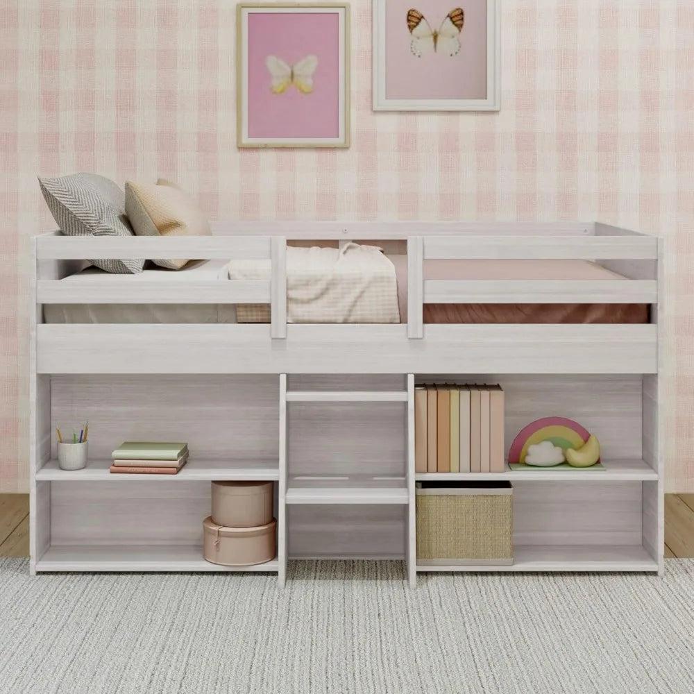 Modern Farmhouse Low Loft Bed, Twin Bed Frame for Kids with 2 Bookcases, Easy To Assembly, Bedroom Furniture Children Beds