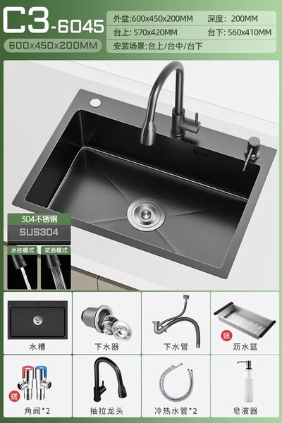 Stainless steel black sink, large single sink, hand-thickened kitchen under-counter basin, vegetable basin, dishwasher