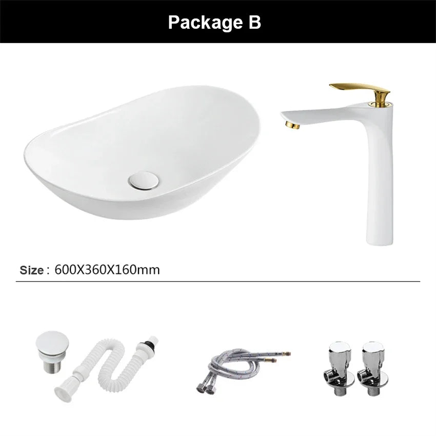 Bathroom Sinks White Art Basin Ultra-thin Countertop Basin Ceramic Washbasin Oval Sinks Balcony Washbasin Sink 60*36*16cm