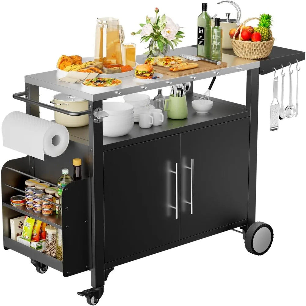 Outdoor Grill Cart with Storage,Patio Kitchen Island with WheelsHooks and Spice Rack,Waterproof Outdoor Grill Table,Movable BBQ