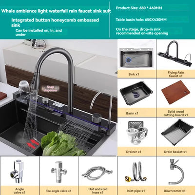 Digital Display Wash Basin Kitchen Sink Rotating Waterfall Sink New Stainless Steel  Multi-function Large Single Slot Cocina