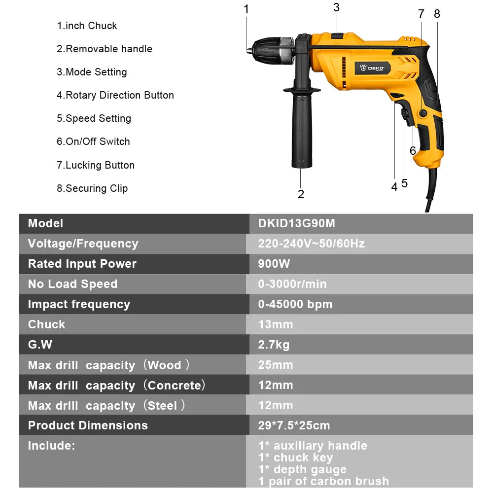 DEKO  220V professional grade impact drilll, 2 Functions Drill Screwdriver Electric Tool Power Tool (DKID Series)