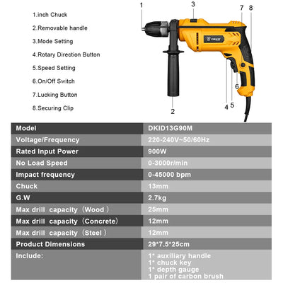 DEKO  220V professional grade impact drilll, 2 Functions Drill Screwdriver Electric Tool Power Tool (DKID Series)