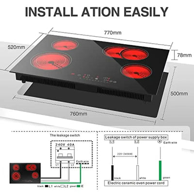 Electric Cooktop 30 Inch 7200W Stove Top 4 Burners Ceramic 9 Heating Levels Timer Kid Safe Touch Control Panel Office Party RV