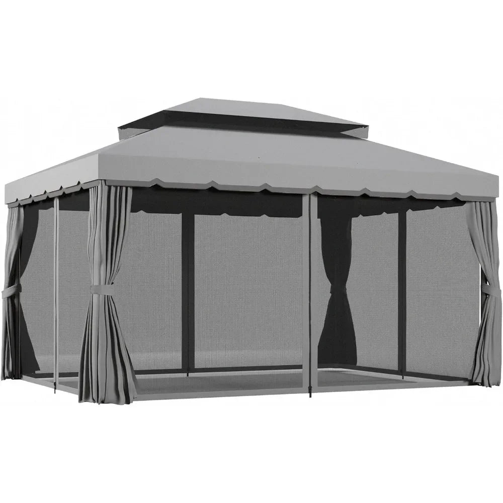 10' x 13' Patio Gazebo, Outdoor Gazebo Canopy Shelter with Netting and Curtains, Aluminum Frame for Garden, Lawn, Backyard and