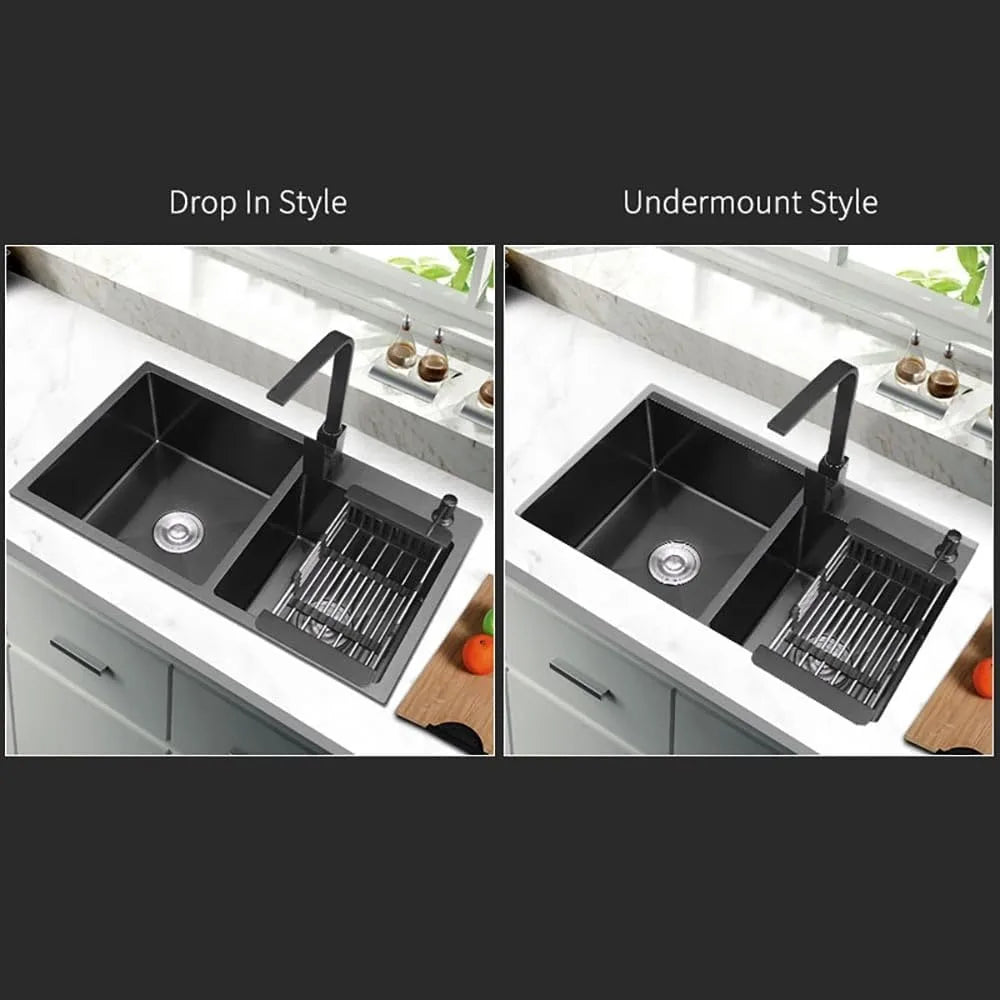 32" Black Double Bowl Kitchen Sink Stainless Steel Bar  Drop-In Kitchen Sink with Drain and Overflow