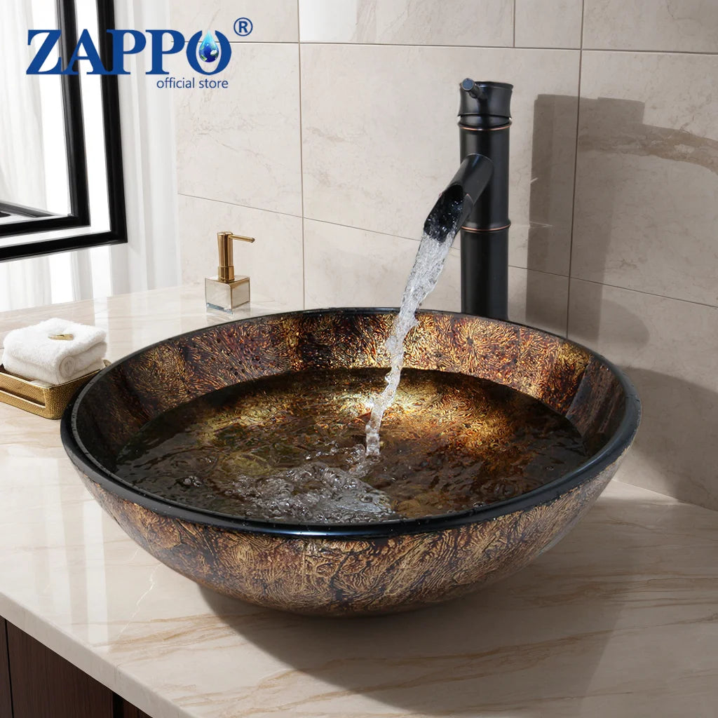 ZAPPO Bathroom WashBasin Round Tempered Glass Vessel Sink Faucet Set Bathroom Glass Basin Faucets Combo Waterfall Mixer Tap