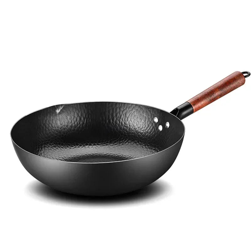 Carbon Steel Wok Pan 32cm Stir Fry Wok Set with Wooden Lid Non-Stick Flat Bottom Frying Pan for Electric Induction and Gas Stove