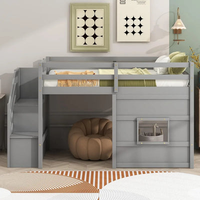 Low Loft Bed with Stairs, Twin Bed Frame for Kids with Storage, Gray