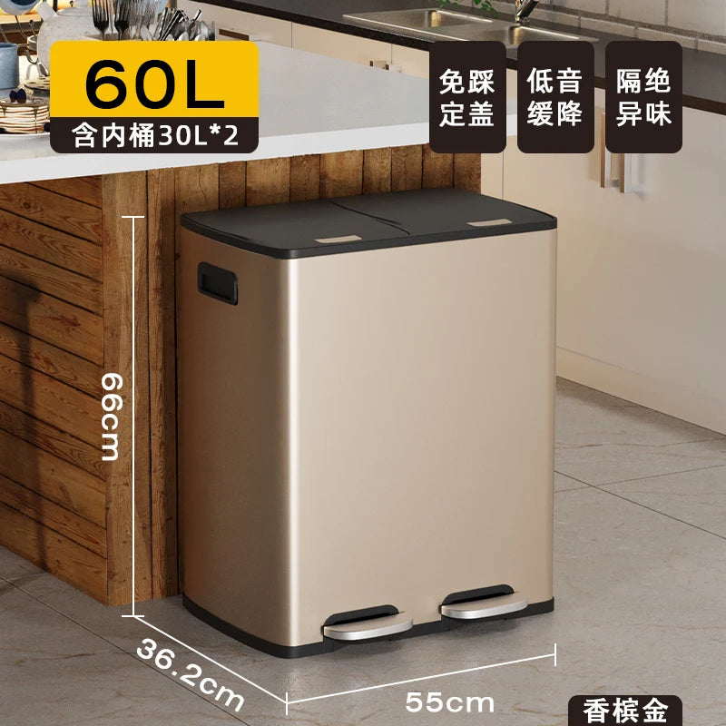 Kitchen Classification Garbage Bin 2-in-1 Household Dry Wet Separation Stainless Steel Pedal Double Bin with Lid Large Capacity