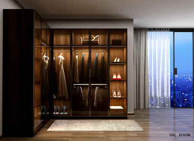 Bedroom Walk In closet Shape Wooden Wardrobe For Open Cloakroom With LED Light