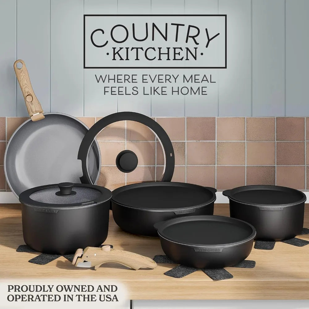 Cookware Set with Removable Handle, Oven & RV Safe Pots and Pans Set, Black/Grey Wood Handle