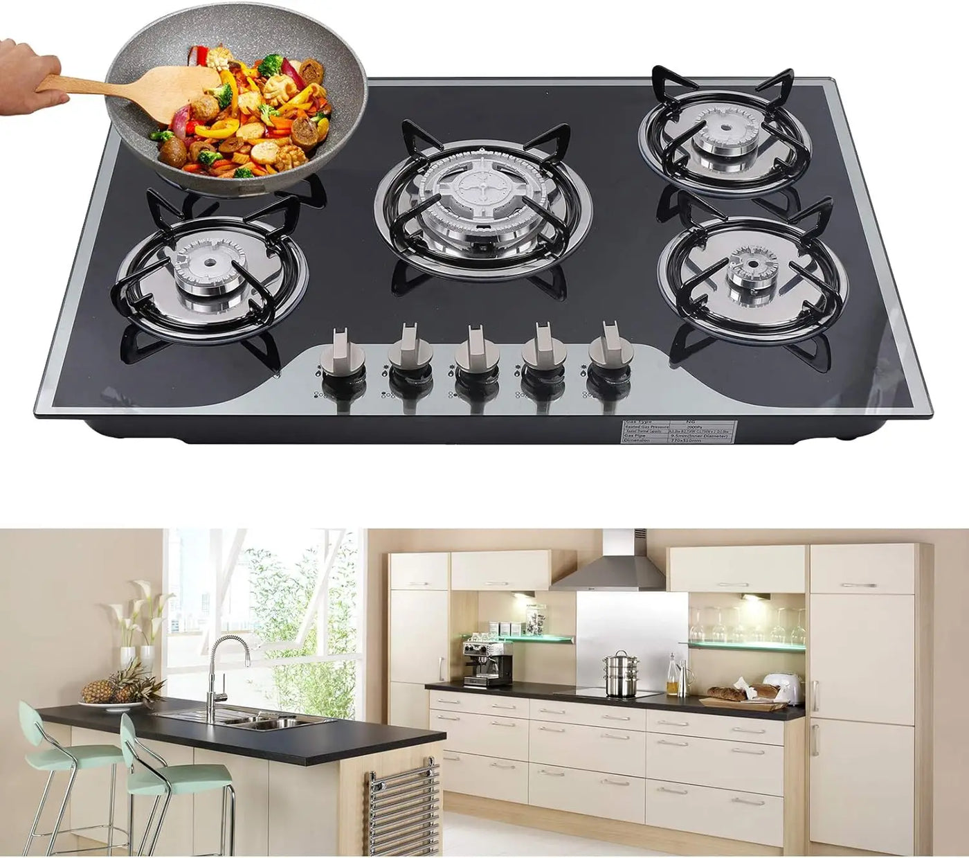 Cooktop 30.3 Inch Built-in Stove Hob Cooktop with 5 Burners Tempered Glass Gas Stovetop with Thermocouple Protection, NG/LPG Con