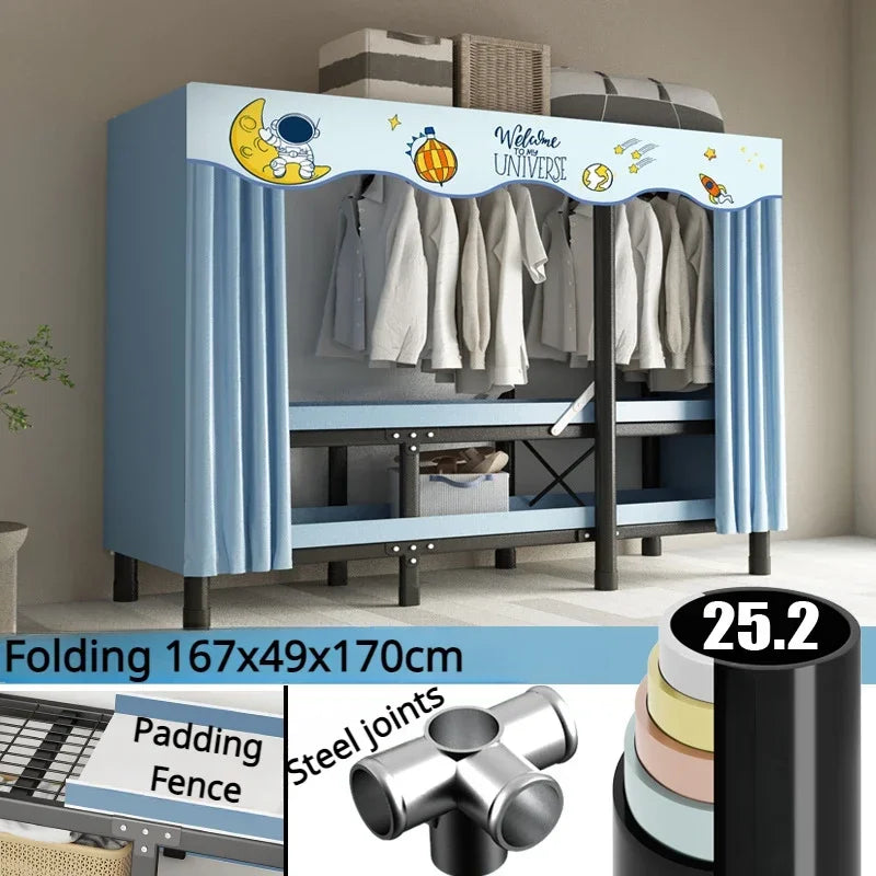 Folding Wardrobe Installation-Free Foldable Closet with Screen Curtain Simple Durable Steel Frame Cloth Wardrobe Dustproof Shelf