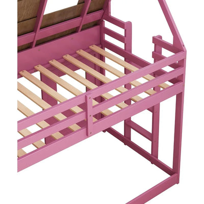 Pink House Bunk Bed with Roof Low Bunk Bed with Slide for Girls, Twin Over Twin, with slide, with built-in ladder