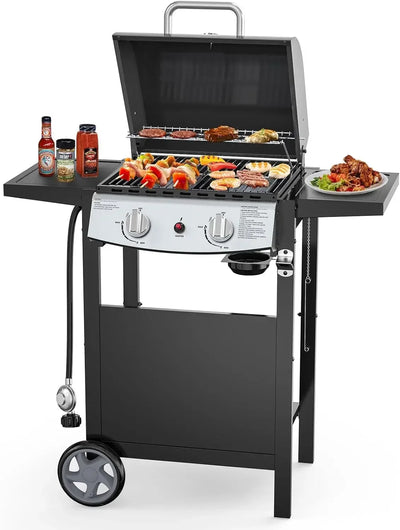 BBQ Grill, 2 Burner Propane Gas Grills, Stainless Steel Grills with Two Side Storage Shelves, BBQ Grill