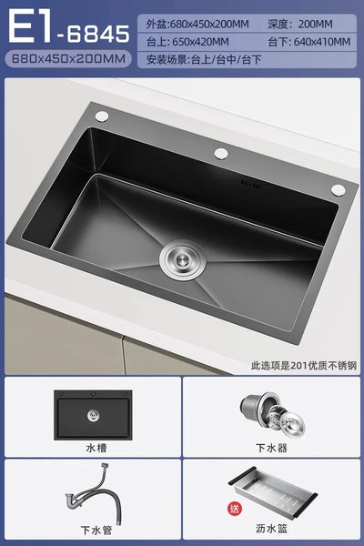 Stainless steel black sink, large single sink, hand-thickened kitchen under-counter basin, vegetable basin, dishwasher