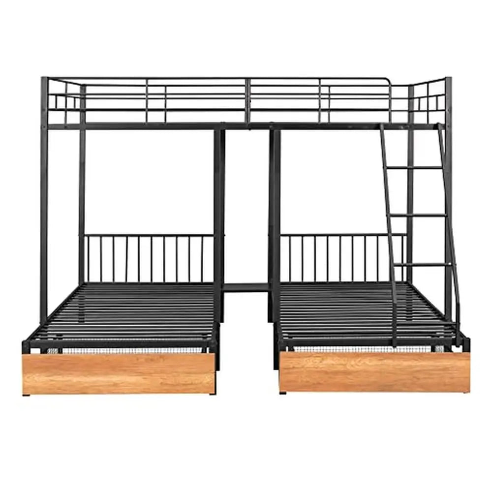 Metal Full/Twin Triple Bunk Bed with Guardrails & Drawers Triple Bunk Bed Frame 3 Kids Space-Saving Noise-Free No Box Spring