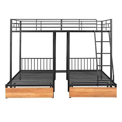 Metal Full/Twin Triple Bunk Bed with Guardrails & Drawers Triple Bunk Bed Frame 3 Kids Space-Saving Noise-Free No Box Spring