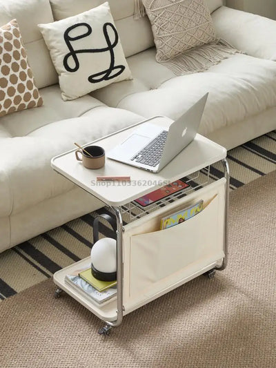 Sofa Side Table Movable Cart Living Room Coffee Table Bedroom Bedside C- Type Middle Cream Wind Wheeled Small Table