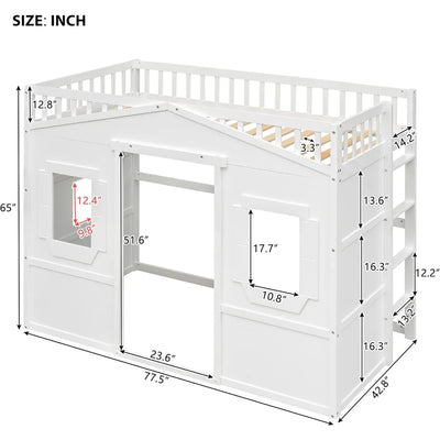 House Loft Bed Twin Kids Playhouse Bed, Solid Wood Loft Bed Frame with Window and Ladder, for Girls Boys (Twin Size, White)