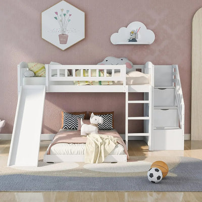 Twin Size House Loft Bed with Slide, Storage Shelves and Light, Climbing Ramp, Low Loftbed Frame, for Kids Boys Girls Bedroom