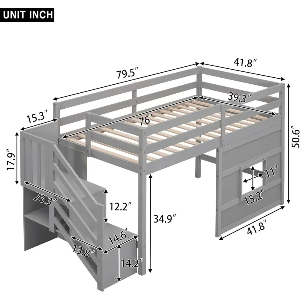 Low Loft Bed with Stairs, Twin Bed Frame for Kids with Storage, Gray