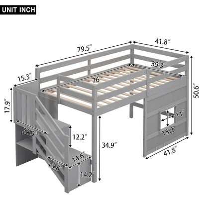 Low Loft Bed with Stairs, Twin Bed Frame for Kids with Storage, Gray