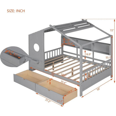 Wooden Full Size House Bed Frame with 2 Drawers for Boys Girls Kids Toddler,Kids Bed with Storage Shelf, 78"L x 58"W x 72"H