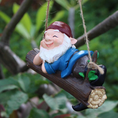 1pc Cute Garden Dwarf Decorations For Yard Hanging Statues, Smile Gnome In Swing Branch Hammock,Resin Tree Ornaments Figurines F