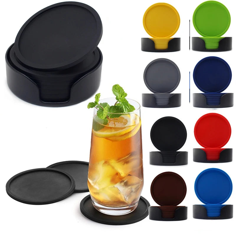 6pcs Non-slip Silicone Drinking Coaster Set Holder Cup Coaster Mat Set Round Coffeee Cup Mat Set Black Tabletop for Home Kitchen