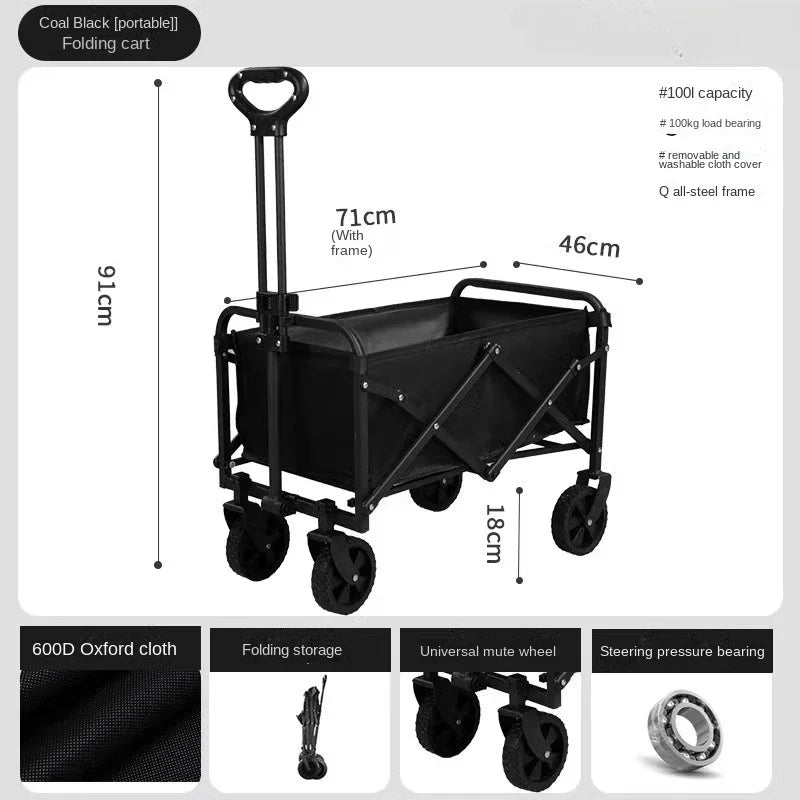 Collapsible Trolley Garden Beach Cart Utility Outdoor Camping Eavy Duty Wagon 4 Wheels Black