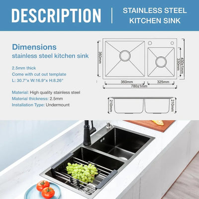 Black Double Bowl Kitchen Sink,Drop ln 30.7x16.9In Nano-Coated Stainless Steel Topmount Bar Kitchen Sink with Drain and Overflow