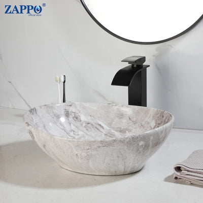 ZAPPO Marbling Rectangle Vessel Sink with Faucet Drain Ceramic Vessel Sinks Oval Bathroom Sink Bowl Above Counter with Mixer Tap