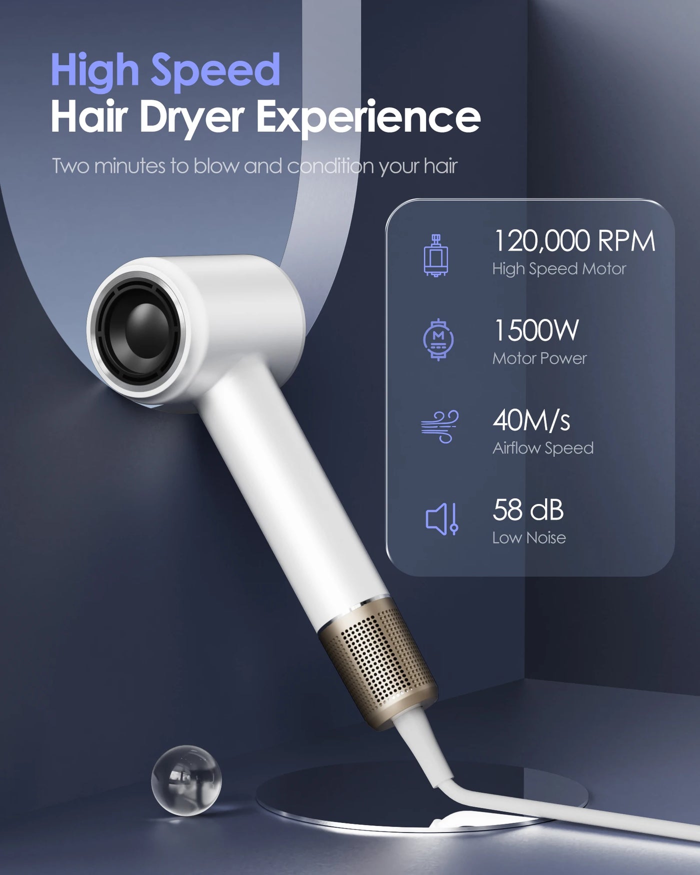 Hair Dryer, 500 Million Negative Ionic Hair Dryer, High-Speed Blow Dryer with 120,000 RPM Brushless Motor, Fast Drying Low Noise