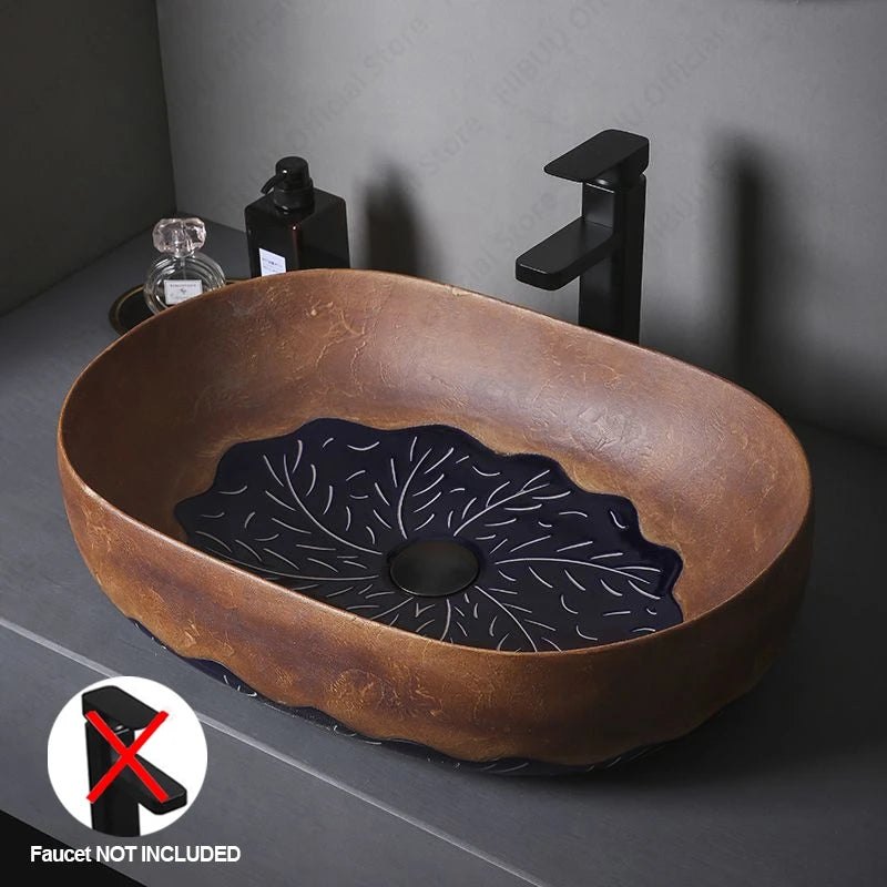 Ceramic Table Sink Bathroom Balcony Lavatory Vanity Sink Above Counter Wash Basin Countertop Vessel Sink Brown Art Basin Bowl