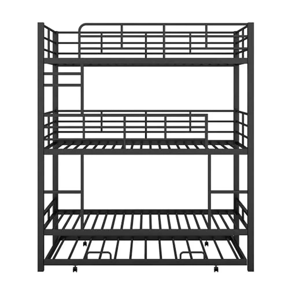 Triple Bunk Bed with Trundle Metal 3 Single Beds 2 Ladders Safety Rails Sturdy & Stylish Twin/Twin/Twin Space-Saving Design