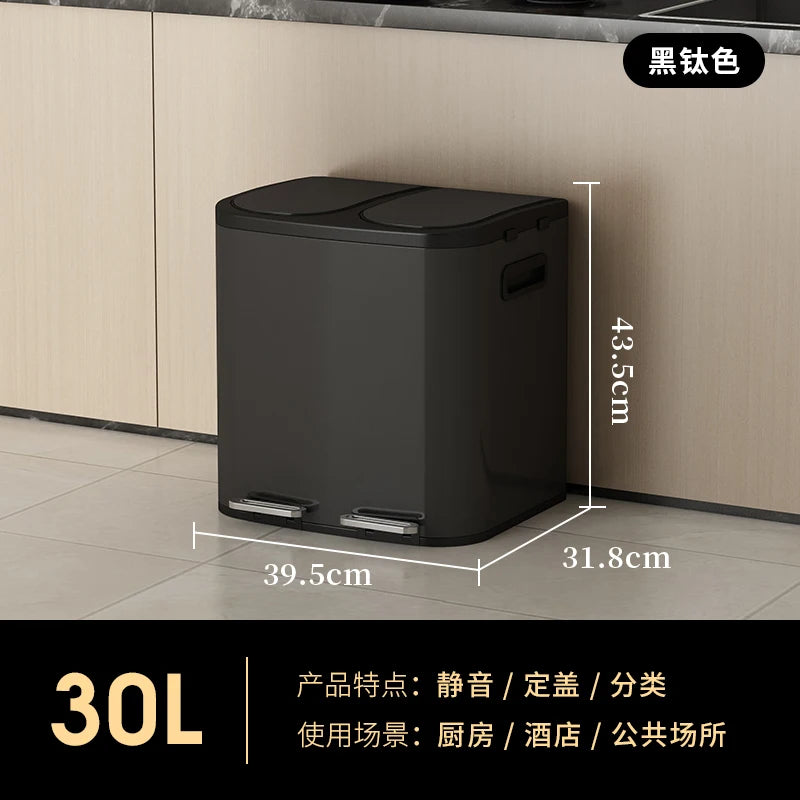 Kitchen Classification Garbage Bin 2-in-1 Household Dry Wet Separation Stainless Steel Pedal Double Bin with Lid Large Capacity