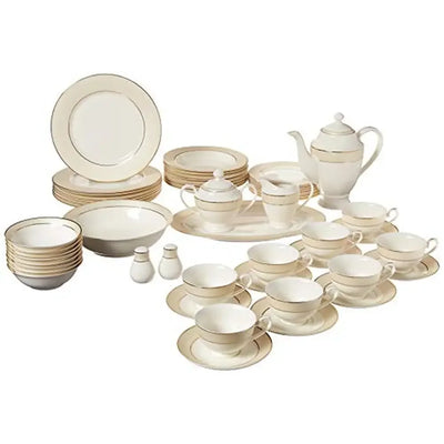 Elegant 57-Piece Bone China Dinnerware Set 24K Gold Trim Beige Border Dishwasher Safe Dining Collection