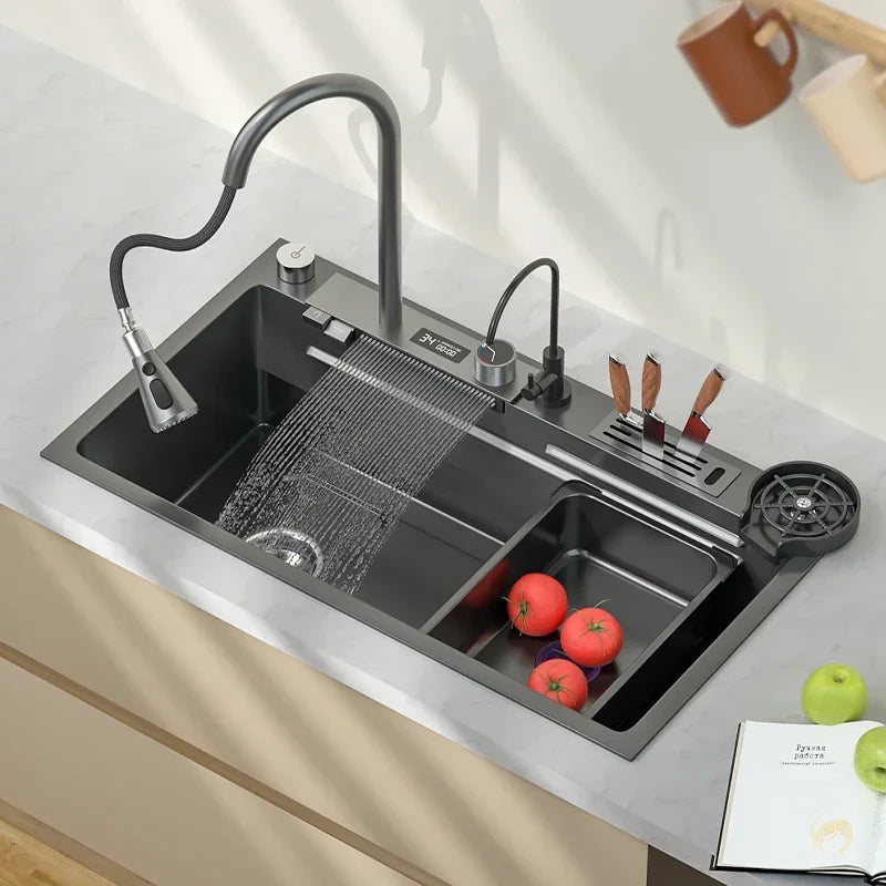 Stainless Steel Multifunctional Sink for Kitchen Sink Cuba Waterfall Sink Black Nano Wash Basin Smart