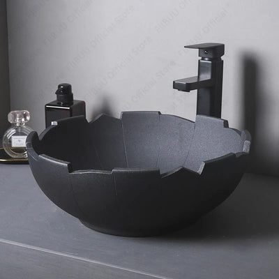 Black Ceramic Vessel Sink Lavatory Vanity Table Sink Above Counter Bathroom Art Basin Bowl Balcony Round Pedestal Washing Basin