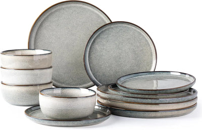 Ceramic Dinnerware Sets for 4, 12 Pieces Stoneware Plates and Bowls Sets, Reactive Glaze Dishes