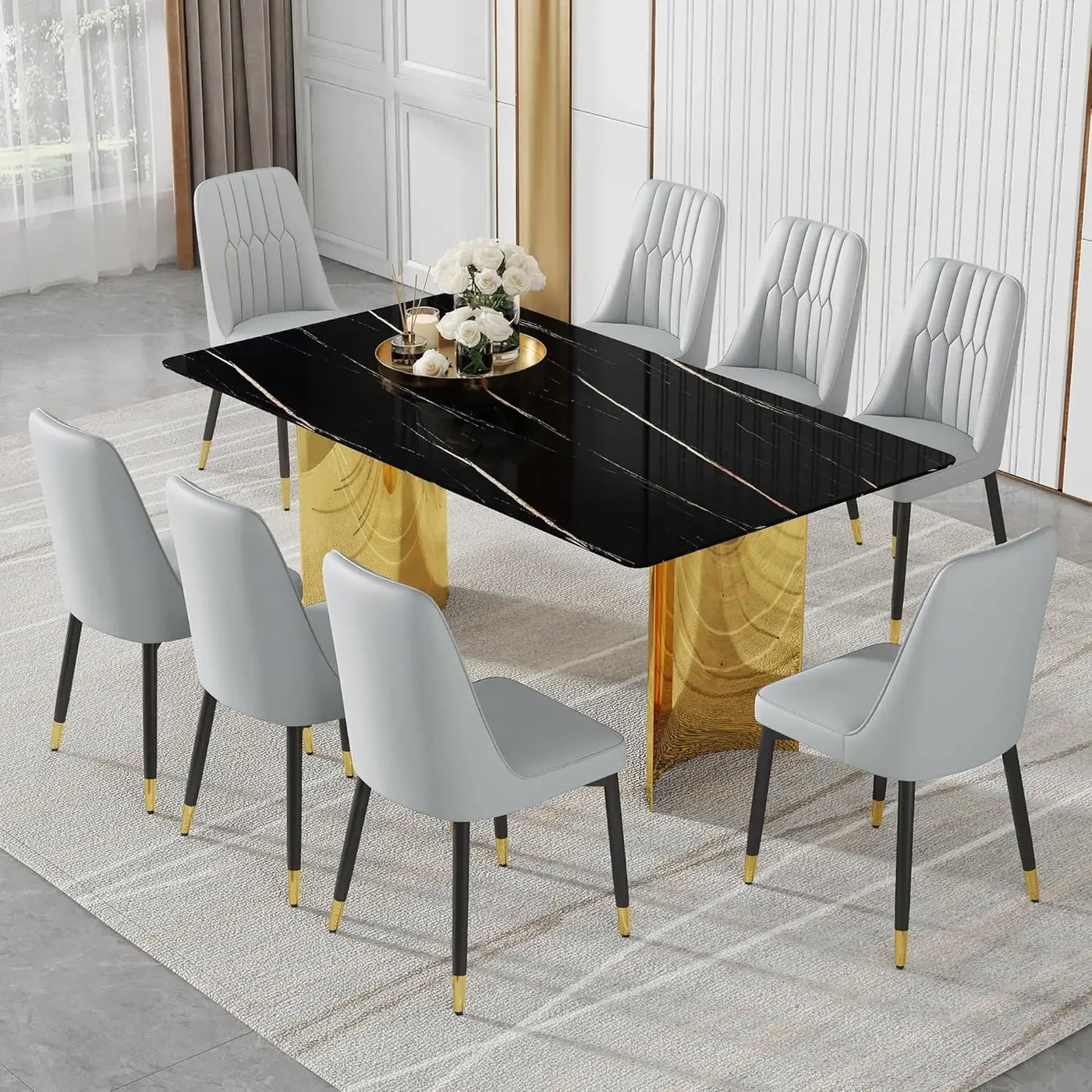 71" Dining Table Set for 8, Faux Marble Top and Gold Chrome Leg Dining Table for Kitchen, Dining Tables Set