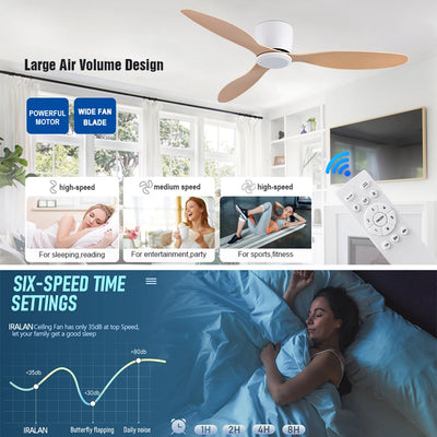 IRALAN  42 52 Inch Ceiling Fans No Light DC Motor Remote Control Cooling Fans Low Floor Ceiling Fan Silent large home fan