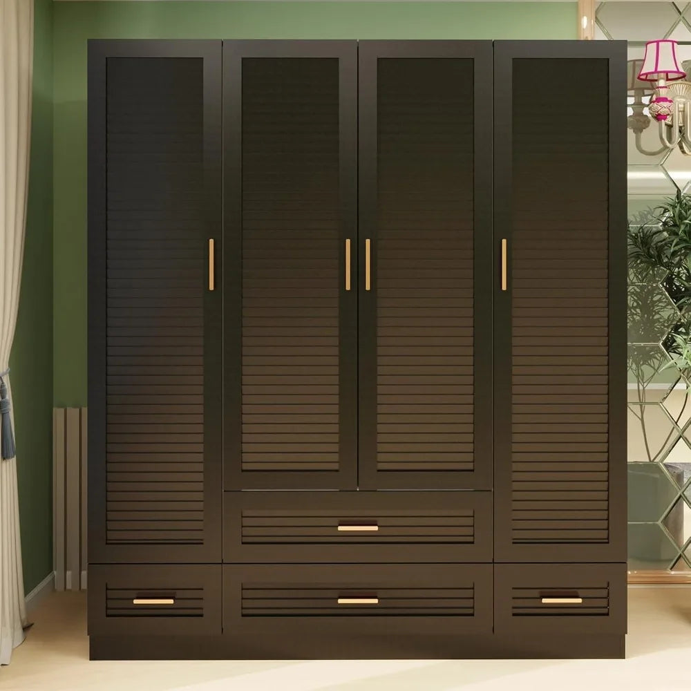 Large Armoire Wardrobe Closet with 4 Drawers, 6 Shelves & Hanging Rod, 4 Louver Doors Wooden Closet Storage Cabinet for Bedroom