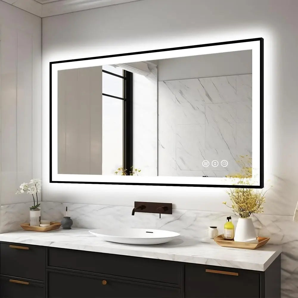 LED Bathroom Vanity Mirror Black Aluminum Frame Front & Backlit Anti-Fog Lights Stepless Dimmable Shatter-Proof Touch Memory