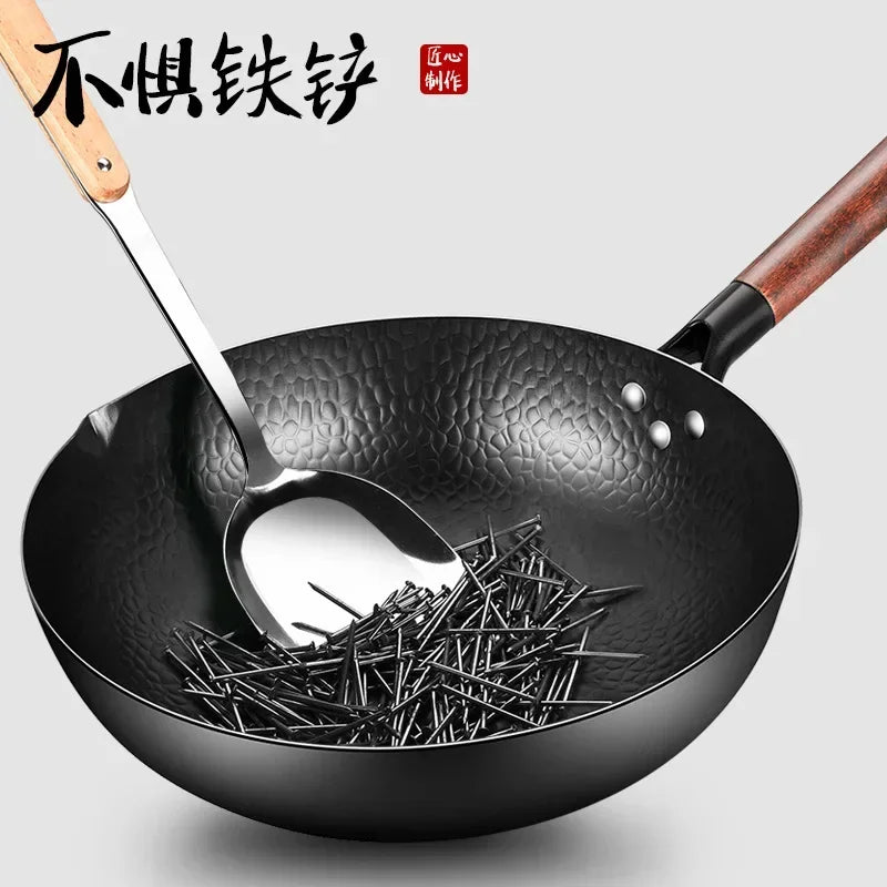 Carbon Steel Wok Pan 32cm Stir Fry Wok Set with Wooden Lid Non-Stick Flat Bottom Frying Pan for Electric Induction and Gas Stove