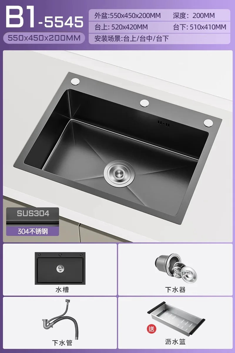 Stainless steel black sink, large single sink, hand-thickened kitchen under-counter basin, vegetable basin, dishwasher