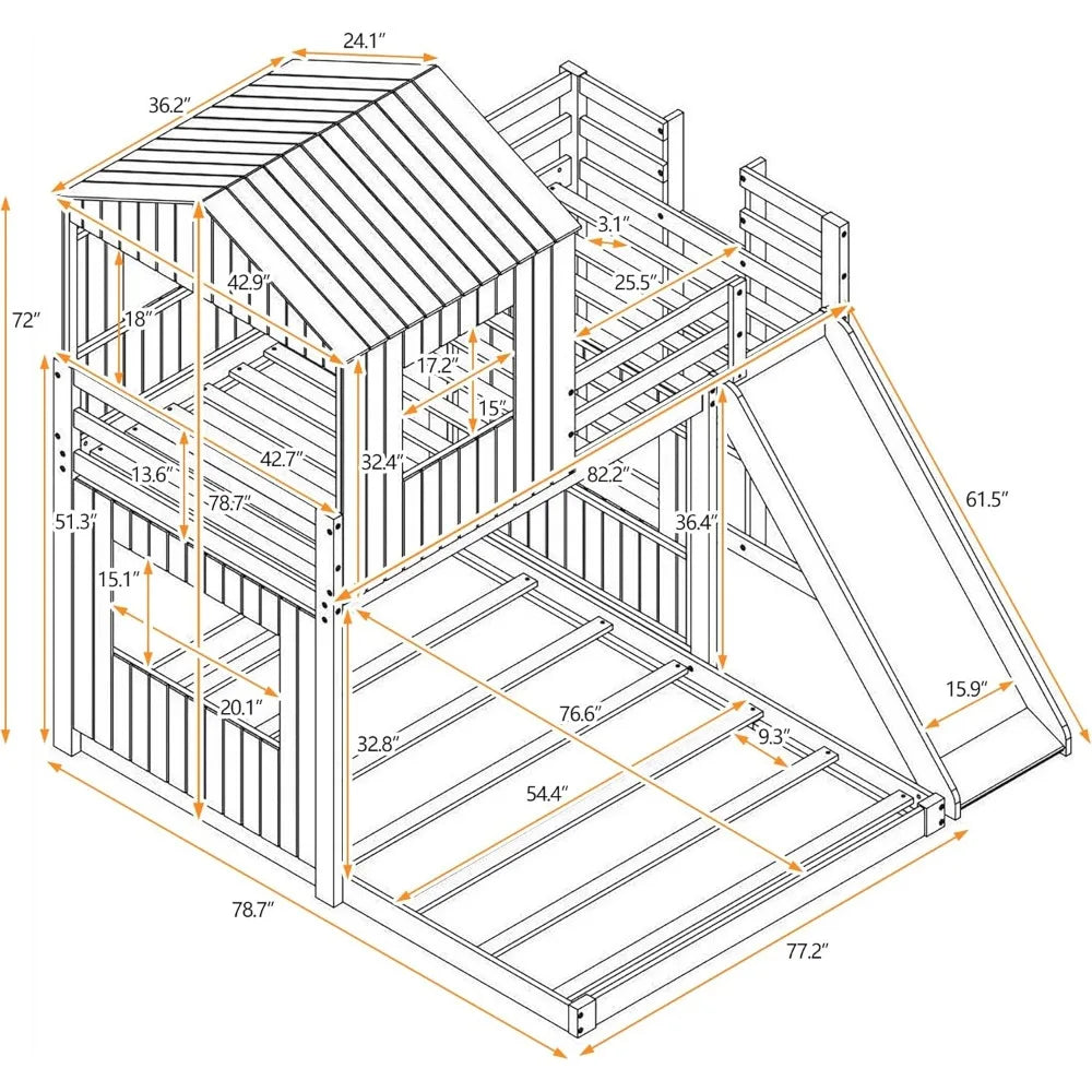 House Floor Bunk Beds with Slide, Wooden Twin Over Full Bunk Beds with Slide, Roof and Guard Rail for Kids